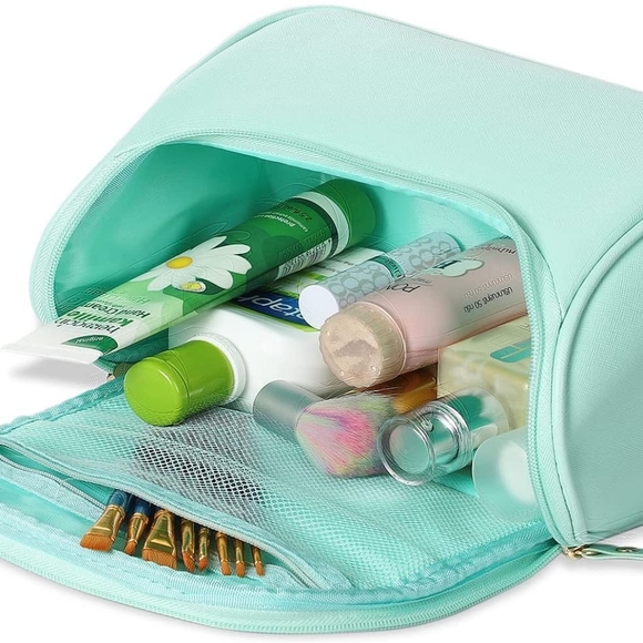 ❌SOLD❌ Travel Makeup Organizer Bag Large Capacity PU LEATHER Seafoam Green - Picture 3 of 6